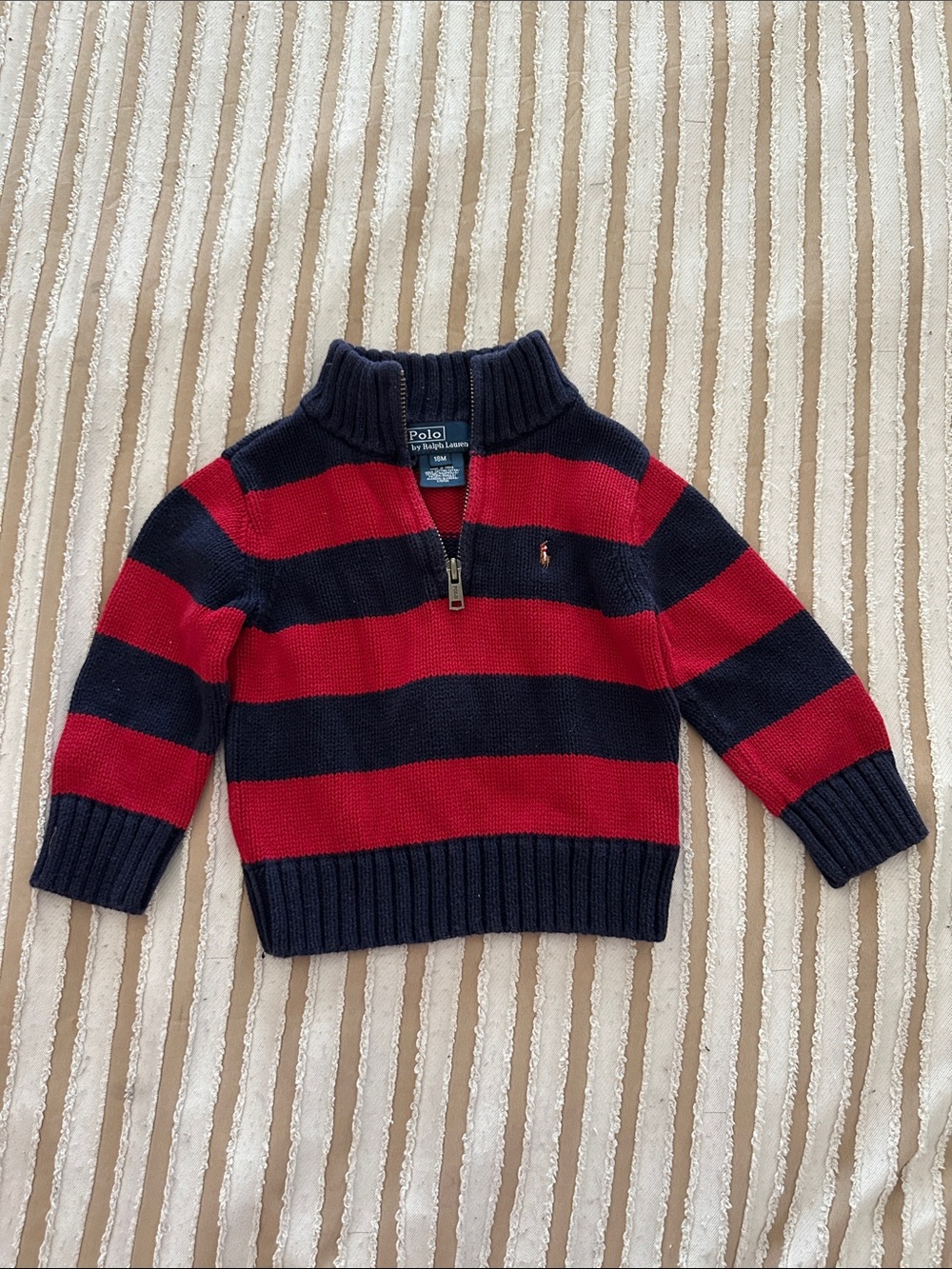 Polo by Ralph Lauren Red and Navy Striped Half-Zip Sweater